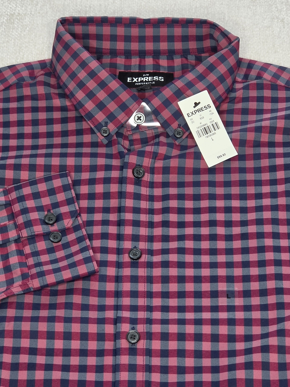 Express Performance Dress Shirt Mens L Slim Fit Red Navy Plaid Stretch NWT